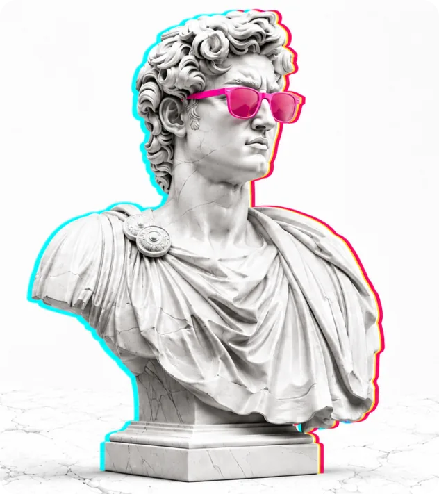 Classical bust statue with vibrant sunglasses and chromatic glow