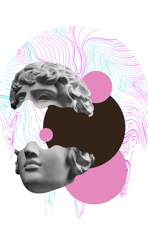 Artistic collage bust illustration with geometric circles
